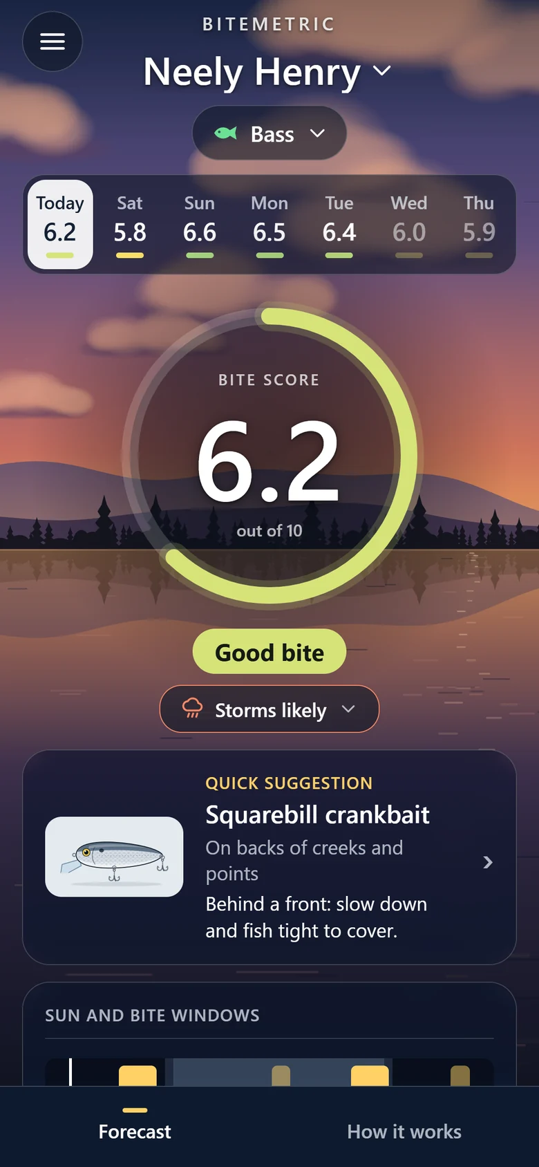 The BiteMetric app showing a bite score of 6.2 for Neely Henry at sunset